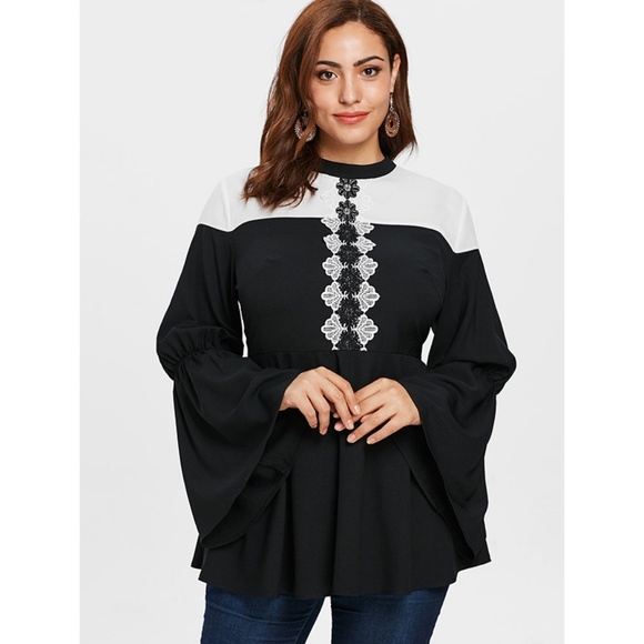 Black & White Plus Size Jewel Neck Power Blouse - Picture 2 of 7